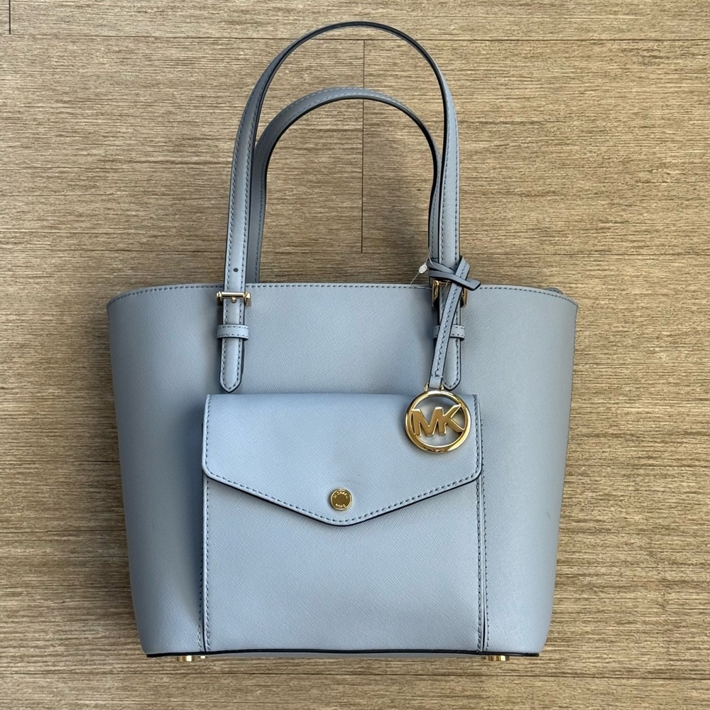 Michael Kors Jet Set Medium Pocket Tote in Pale Blue Leather